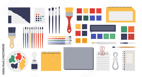 Collection of artistic tools and supplies for creative expression and visual arts projects