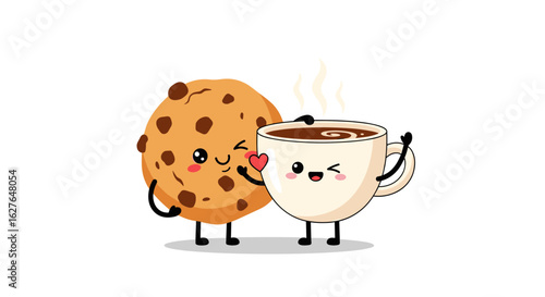 Cute chocolate chip cookie and coffee cup friends sharing a sweet moment together