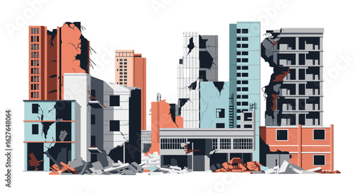 Urban destruction aftermath cityscape with collapsed buildings and debris scattered around the street view