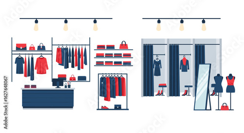 Modern retail clothing store interior design with fitting rooms and displays