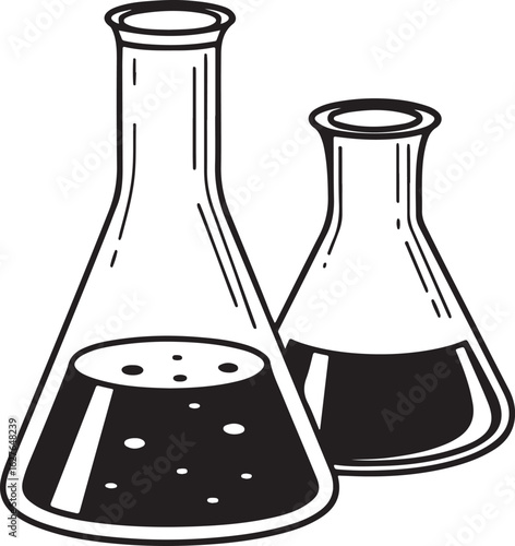 Two  flasks filled with dark liquid and bubbles illustrating scientific experimentation and laboratory equipment in a simple line drawing style