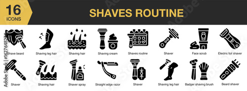 Shaves Routine solid icon set. Includes bathroom, beauty, morning, clean, grooming, and More. Solid icons vector collection.