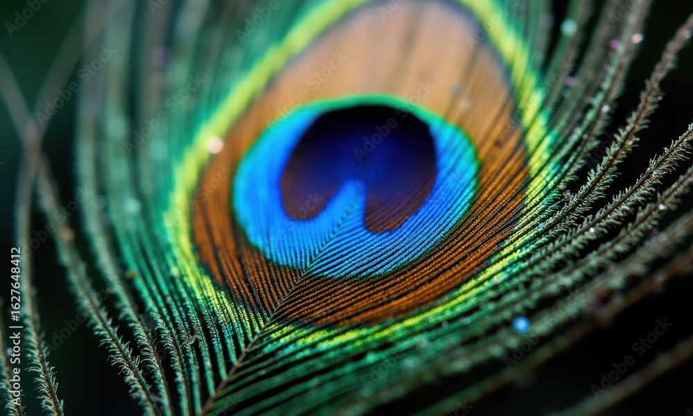 Naklejka premium Close-up of a vibrant peacock feather with an iridescent eye pattern