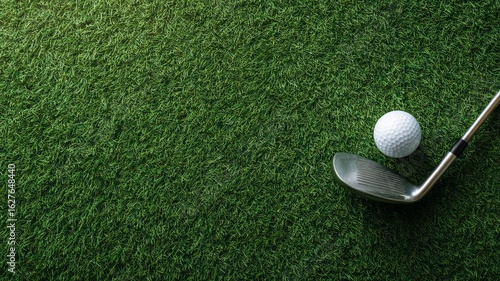 Golf club and ball on lush green grass. AI image