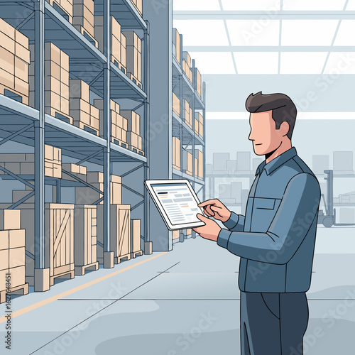 Warehouse worker in a blue uniform using a digital tablet for inventory management.