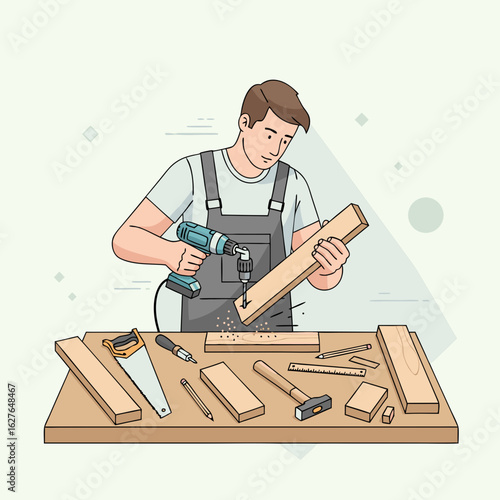 Young male carpenter in grey overalls drilling a hole in a wooden plank at his workbench.