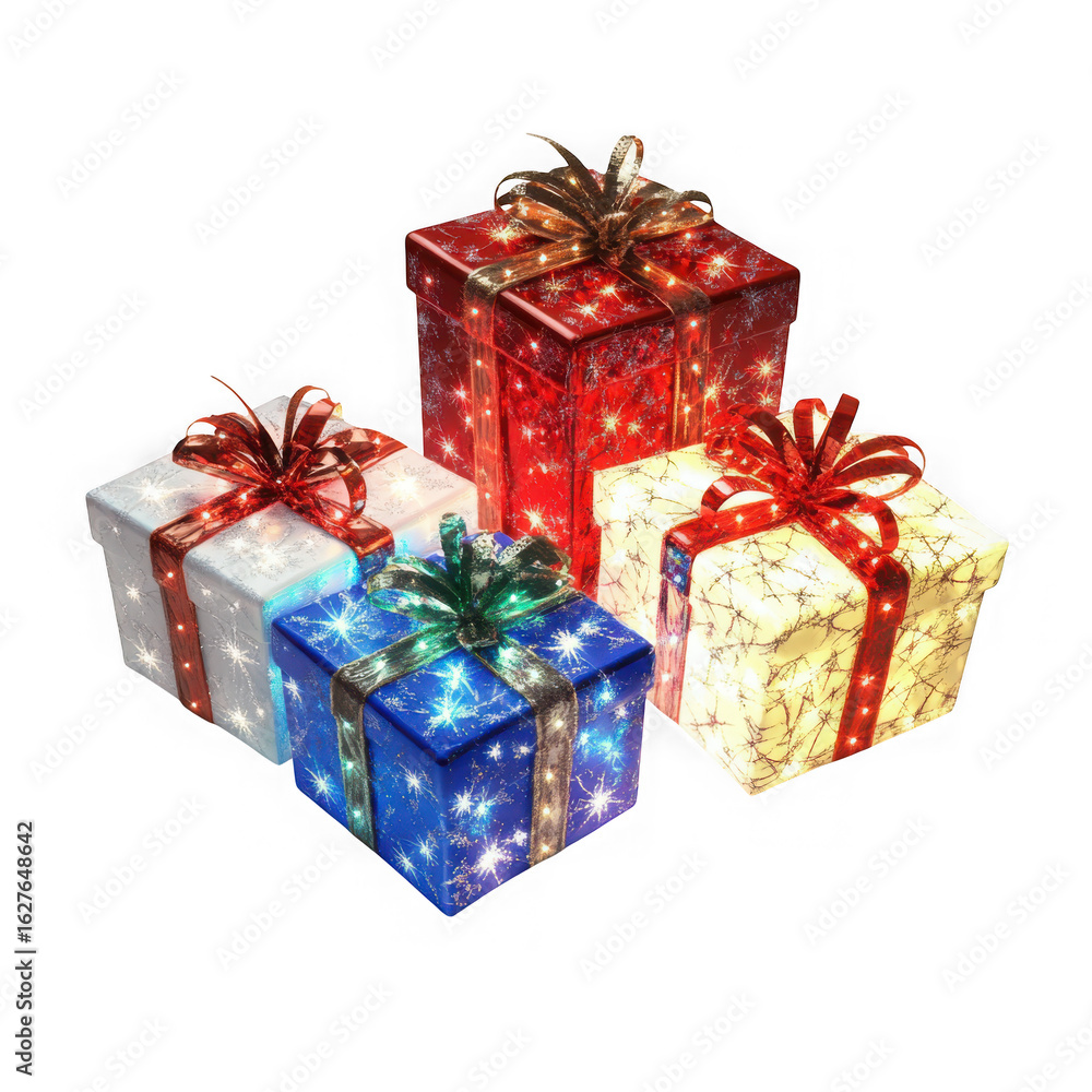 Obraz premium Festive christmas presents with ribbons and glowing lights, holiday gift boxes, colorful decoration, celebration presents, xmas decor, isolated on transparent background