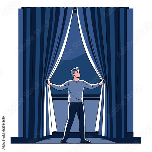Young man with silver hair in a light blue sweater opening dark blue curtains.