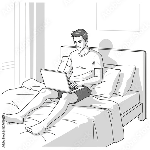 Young man with yellow outline working on a laptop in bed minimalist graphic illustration.