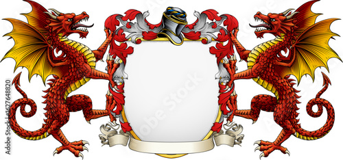 Dragons coat of arms or crest family heraldry medieval heraldic knight shield with helmet and acanthus filigree scroll ornament in a vintage woodcut style.