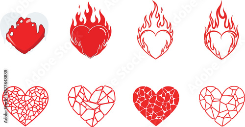 Collection of stylized red hearts, some aflame, others fractured, illustrating diverse emotional states.