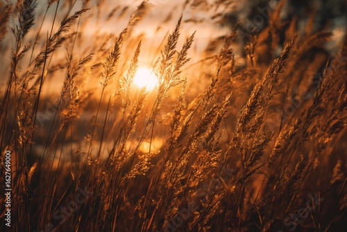 Sun setting through tall golden grass creates a dreamy depth and nostalgic warmth in a serene landscape.