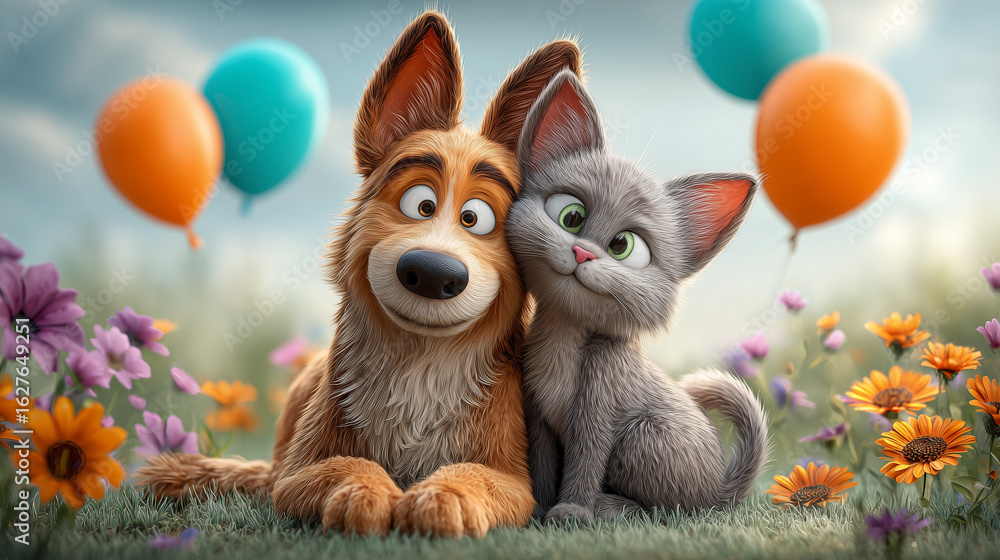 Fototapeta premium Charming cartoon depiction of cat and dog sharing loving hug amid vibrant flowers and balloons in spring meadow. expressive eyes. themes of friendship, affection, harmony, joyful companionship.