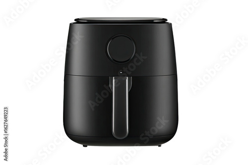 Compact black air fryer.  Front view.  Smooth, rounded design.  Handle.  Control panel