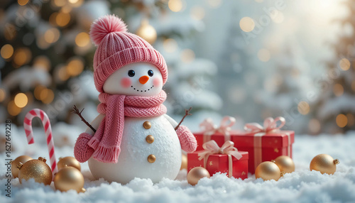 Adorable snowman wearing a pink knitted hat and scarf, standing in soft fresh snow, surrounded by golden baubles, candy canes, and red gift boxes, blurred fairy lights hanging in the background