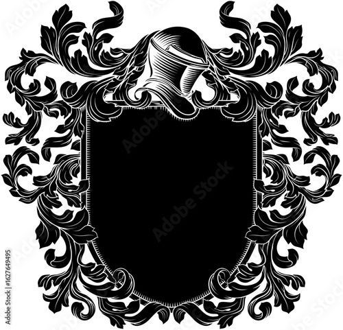 Coat of arms crest knight family medieval shield heraldry heraldic armorial motif. Featuring a knights helm helmet in a vintage etching engraving woodcut style