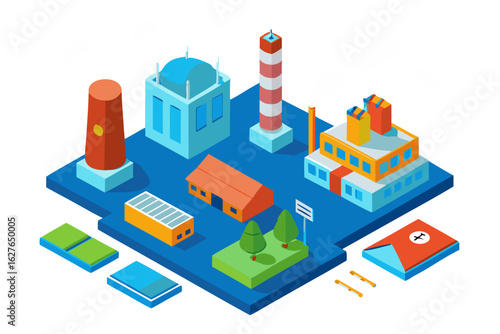 Isometric industrial complex with factory buildings and smokestacks