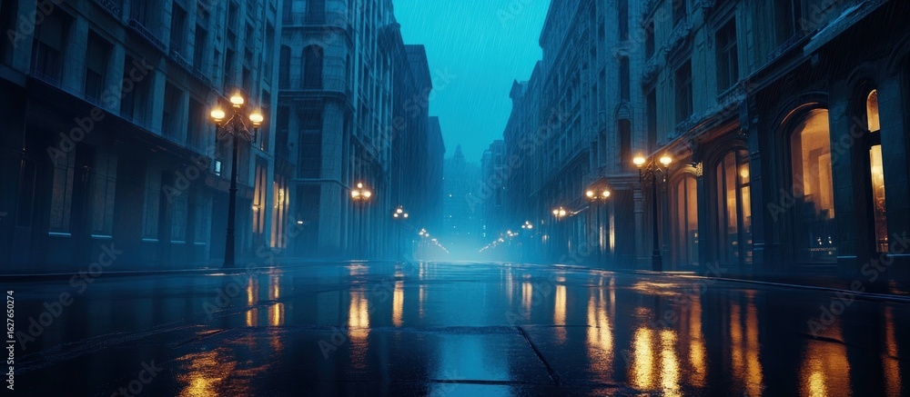 Fototapeta premium Atmospheric cityscape view on a rainy evening, street lights reflecting in puddles creating a cinematic urban scene