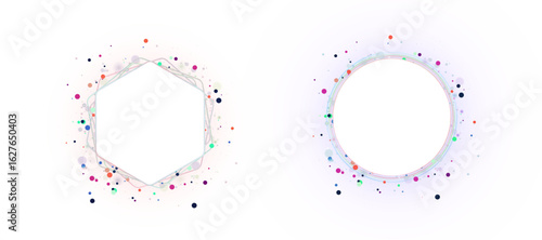 Bright abstract frames: circle and hexagon with colorful bokeh particles and smooth lines. Beautiful background image, especially for beauty and fashion topics.