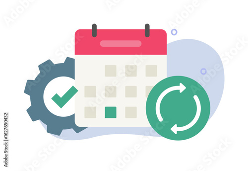 Calendar event date management icon, agenda operation process improve graphic vector flat cartoon, schedule quality flow plan cogwheel, time efficiency workflow enhance image clipart
