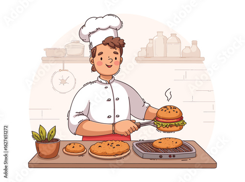 Chef Crafts a Burger: A culinary artist meticulously prepares a mouthwatering burger in a vibrant kitchen, showcasing the artistry of food preparation.
