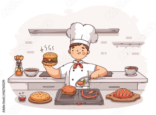 Chef's Burger Creation: A culinary expert proudly presents a freshly made burger, amidst the bustling scene of the professional kitchen, with meticulous detail in a hand-drawn style