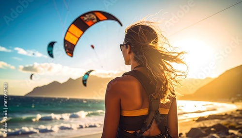 Woman watching kitesurfing sunset