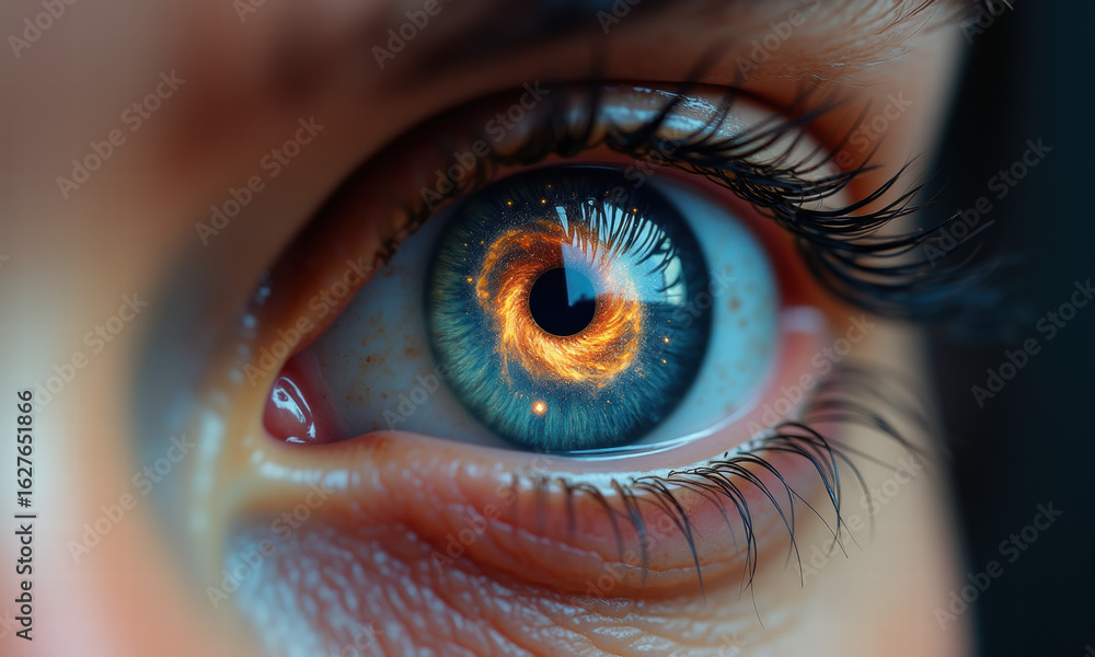 Fototapeta premium Human Eye Reflecting Cosmic Galaxy Swirl