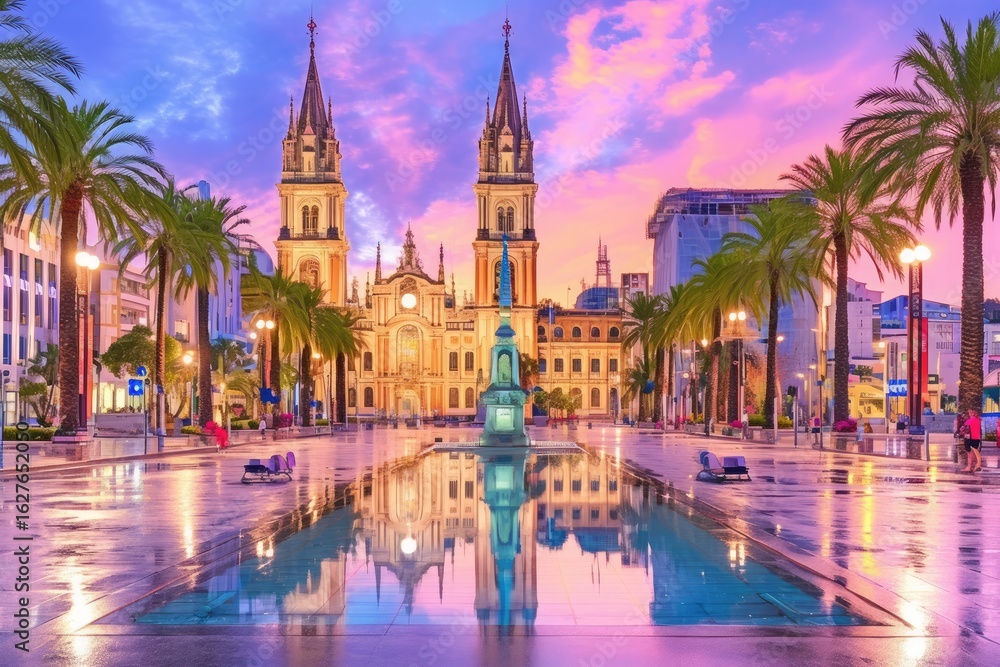 Naklejka premium Sunset city square landscape with gothic twin-tower and spire buildings, reflecting pool, palm trees, for architecture, travel, urban promotion