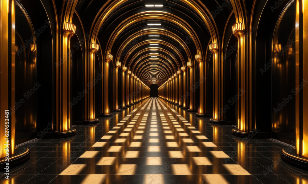 Obraz premium Luxurious Golden Arched Corridor with Dramatic Lighting