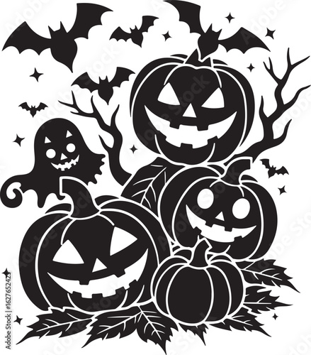 Spooky Halloween pumpkins, ghost, and bats create festive holiday cheer