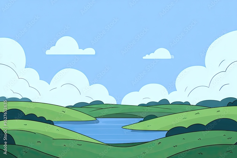 Fototapeta premium A serene landscape with rolling hills and a tranquil lake.