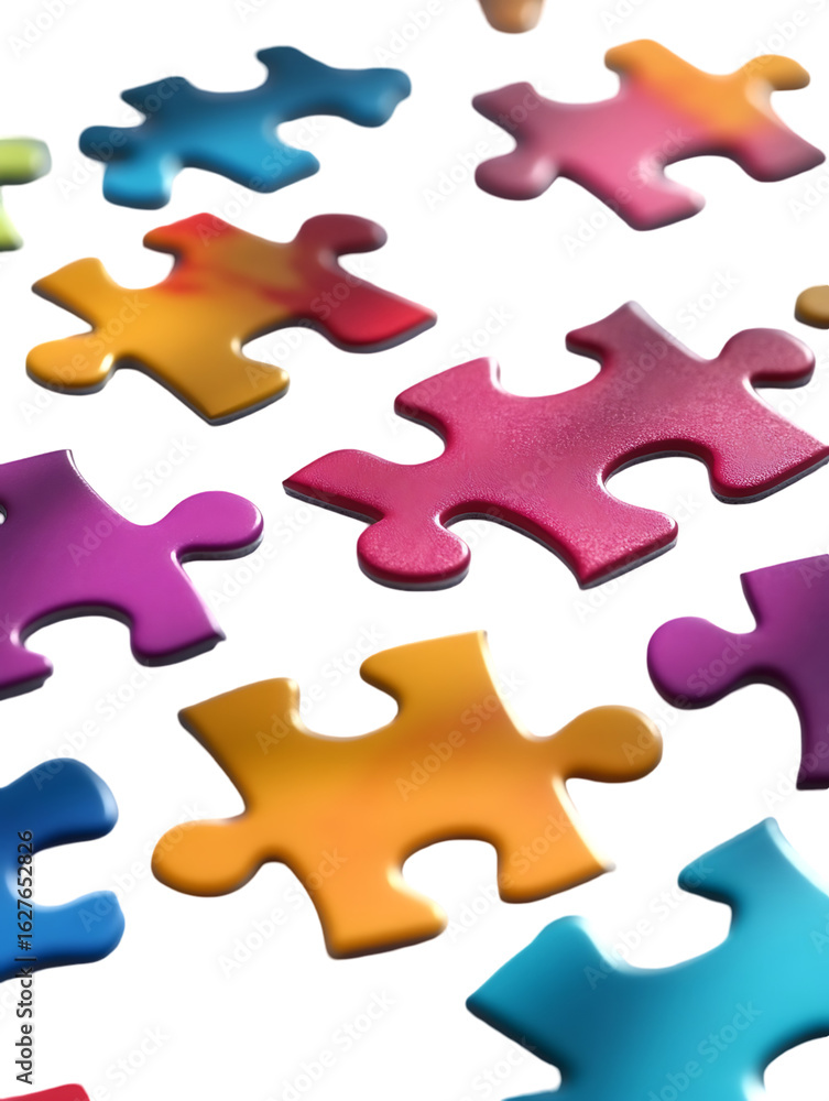 Scattered puzzle pieces in various colors on a black background on transparent background Scattered puzzle pieces in various colors on a black background on transparent background