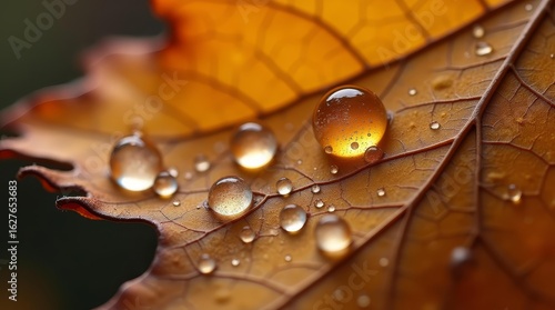 Fototapeta Naklejka Na Ścianę i Meble -  Wet water droplets collected in crevices of cracked fall foliage, natural macro background