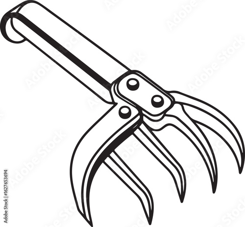 A detailed illustration of a vintage garden claw tool featuring four sharp curved prongs attached to a long handle designed for digging and grasping