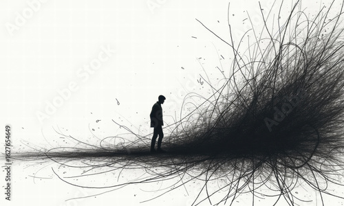 Solitary figure facing a chaotic energy burst