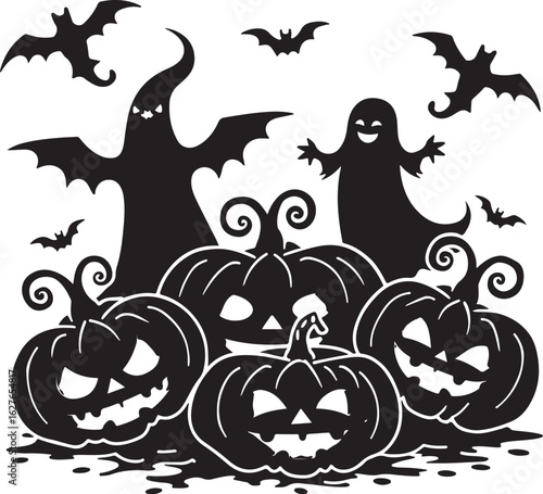 Spooky Halloween pumpkins, ghosts, and bats create festive holiday fun