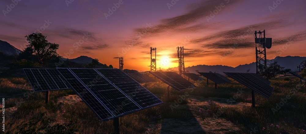 Obraz premium Scenic Sunset View of Solar Panels and Communication Towers in a Rural Landscape
