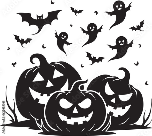 Spooky Halloween pumpkins, ghosts, and bats create festive frights