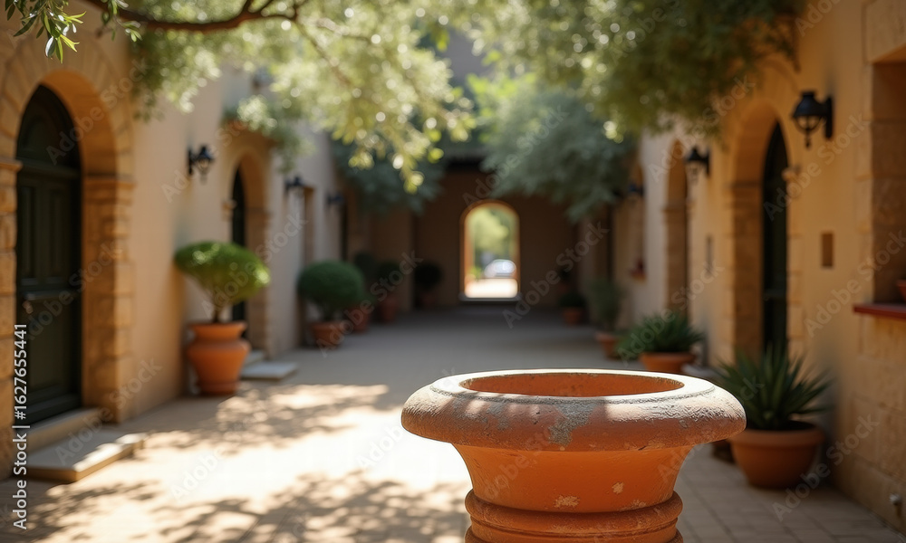 Fototapeta premium Tranquil courtyard with arched walkways and potted plants