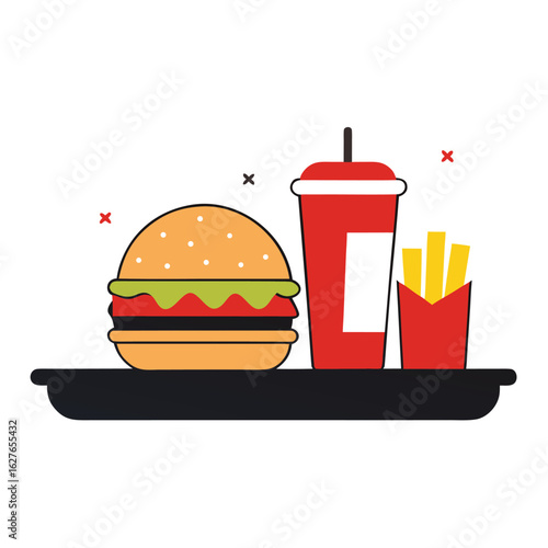 Burger Soda and Fries Art Fast Food Meal on Tray Illustration