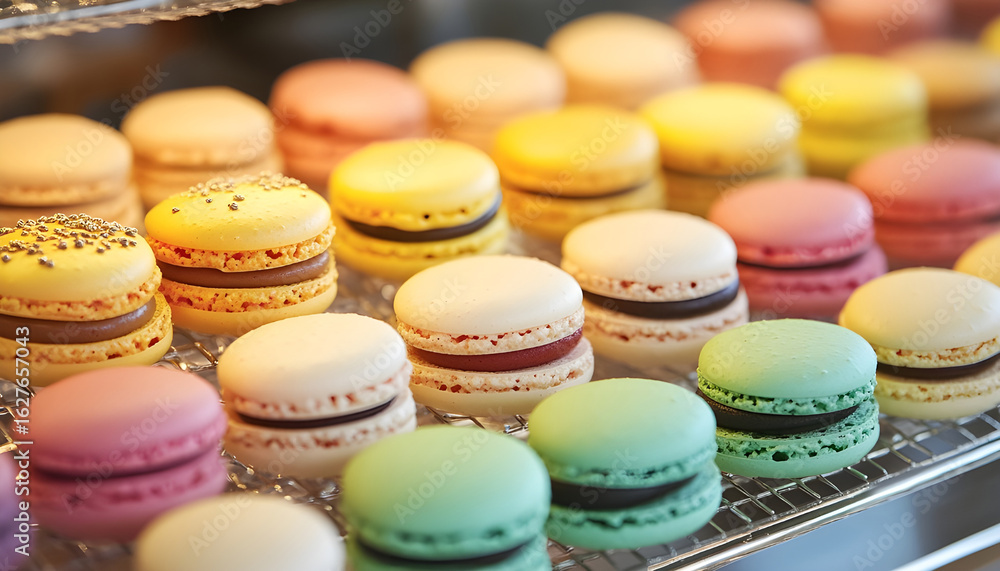 Obraz premium Colorful macarons arranged in a decorative display for dessert