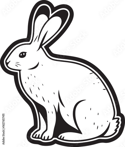 A charming black and white illustration of a stylized rabbit sitting attentively with its ears perked up ready for an adventure