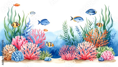 Vibrant watercolor painting of underwater scene with colorful coral, seaweed, and various fish species