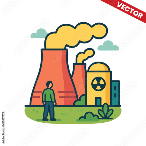 Nuclear Power Plant Person Standing in Front of Nuclear Power Plant with Cooling Towers and Reactor