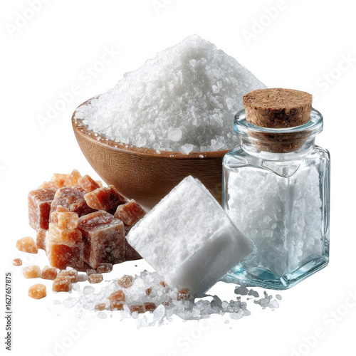 Various types of salt and sugar isolated on transparent background.