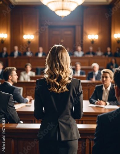 Woman in dark suit addresses a courtroom audience