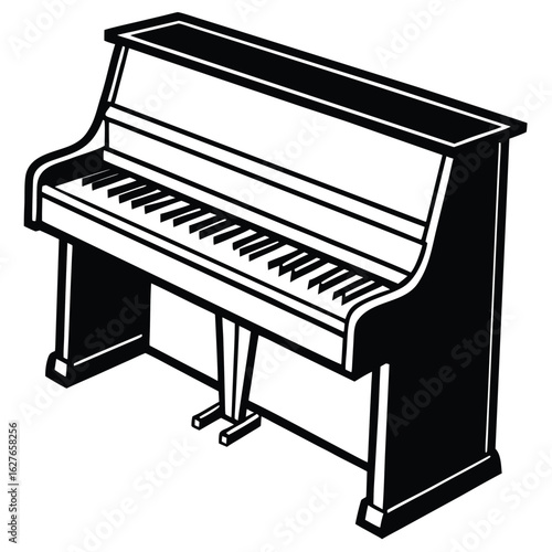 Black and white line art of a classic upright piano design