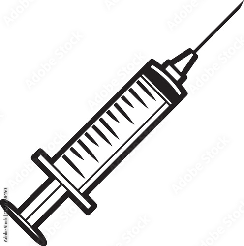 Black and white illustration of a medical syringe with a sharp needle ready for injection or medical procedure