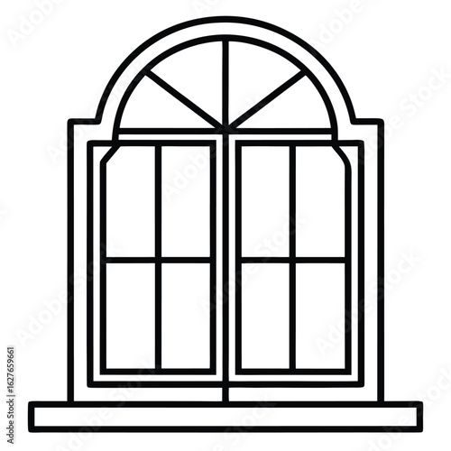 Line Art Window Illustration with Arched Top Frame, Detailed Panes